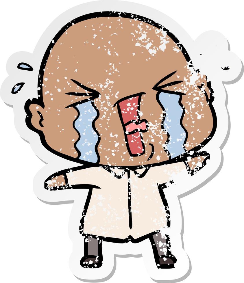 distressed sticker of a cartoon crying bald man vector