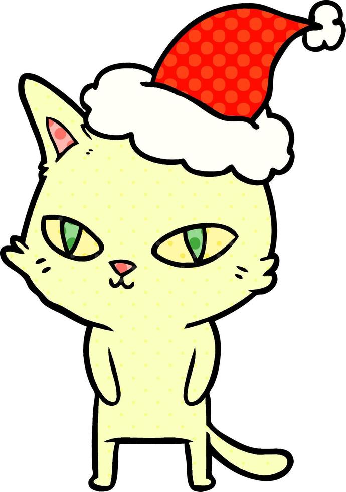 ilustración al estilo de un libro de historietas de un gato con ojos brillantes con sombrero de santa vector