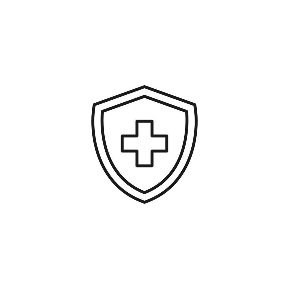 Shield, armor, protection sign. Minimalistic vector symbol drawn with black thin line. Suitable for adverts, stores, shops, books. Line icon of medical cross inside of armor or shield
