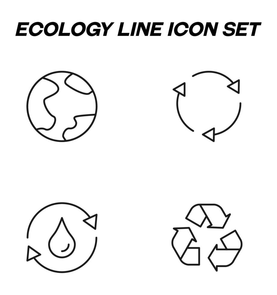 Simple monochrome signs drawn with black thin line. Vector line icon set with symbols of recycle of resources, water, ecology, nature, planet