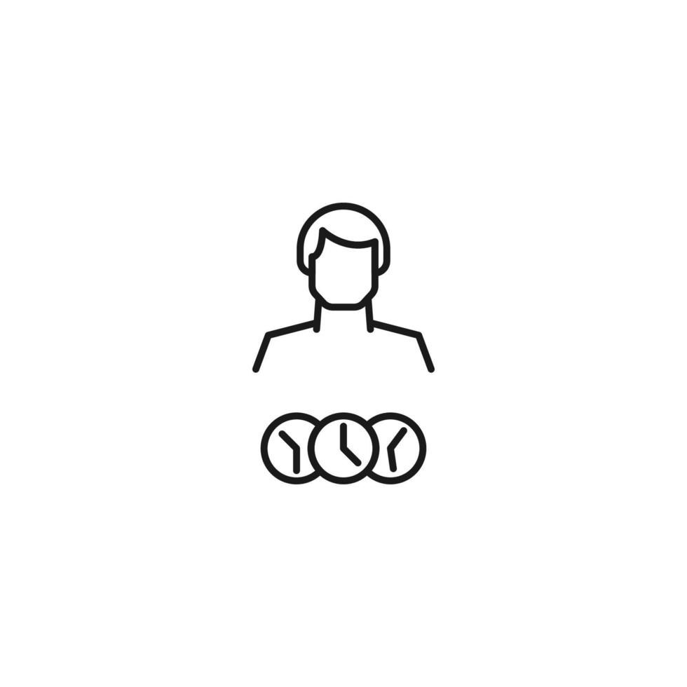 Monochrome sign drawn with black thin line. Modern vector symbol perfect for sites, apps, books, banners etc. Line icon of clocks next to faceless man