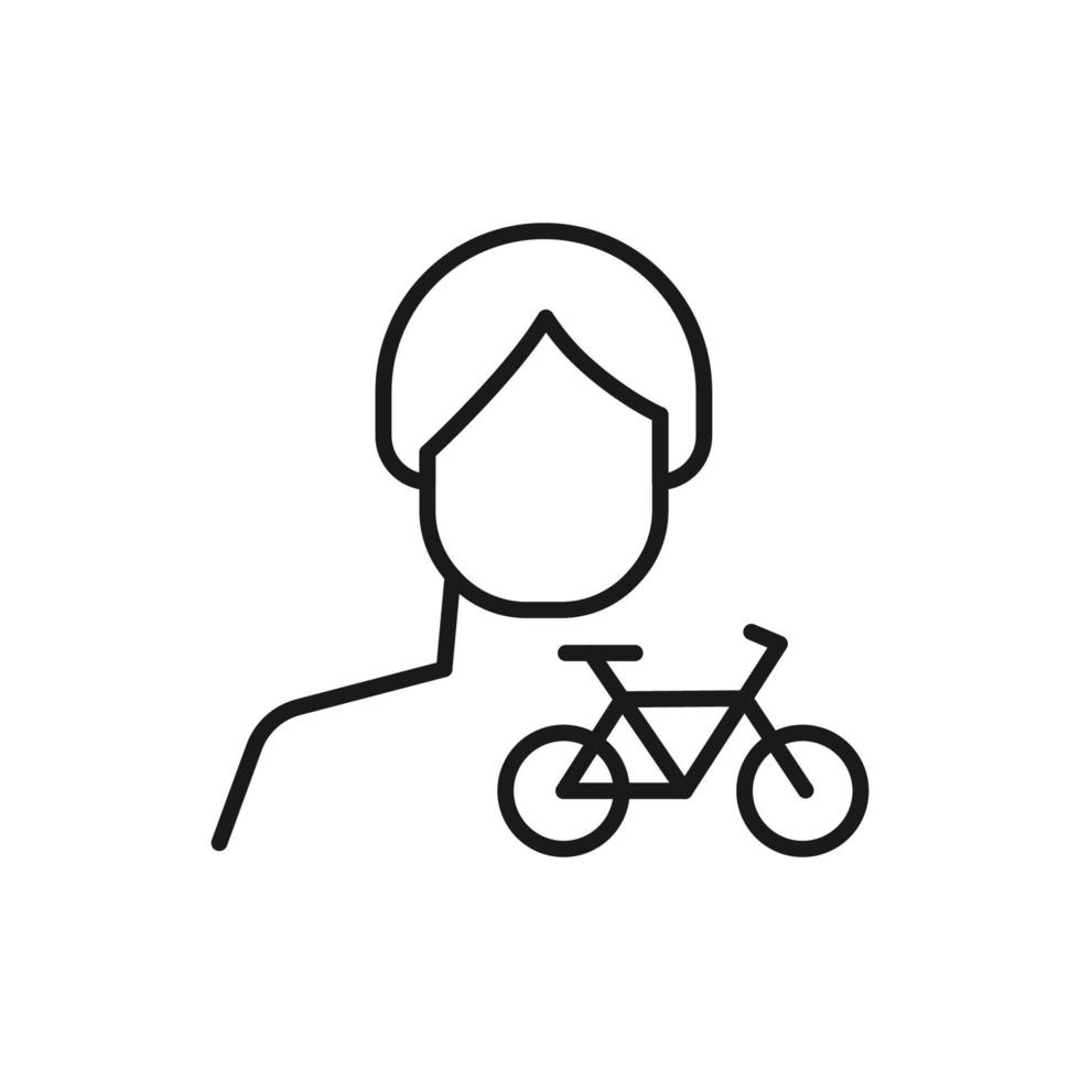 hobby, negocio, profesión del hombre. símbolo de contorno vectorial moderno en estilo plano con línea fina negra. icono monocromo de bicicleta por hombre anónimo vector