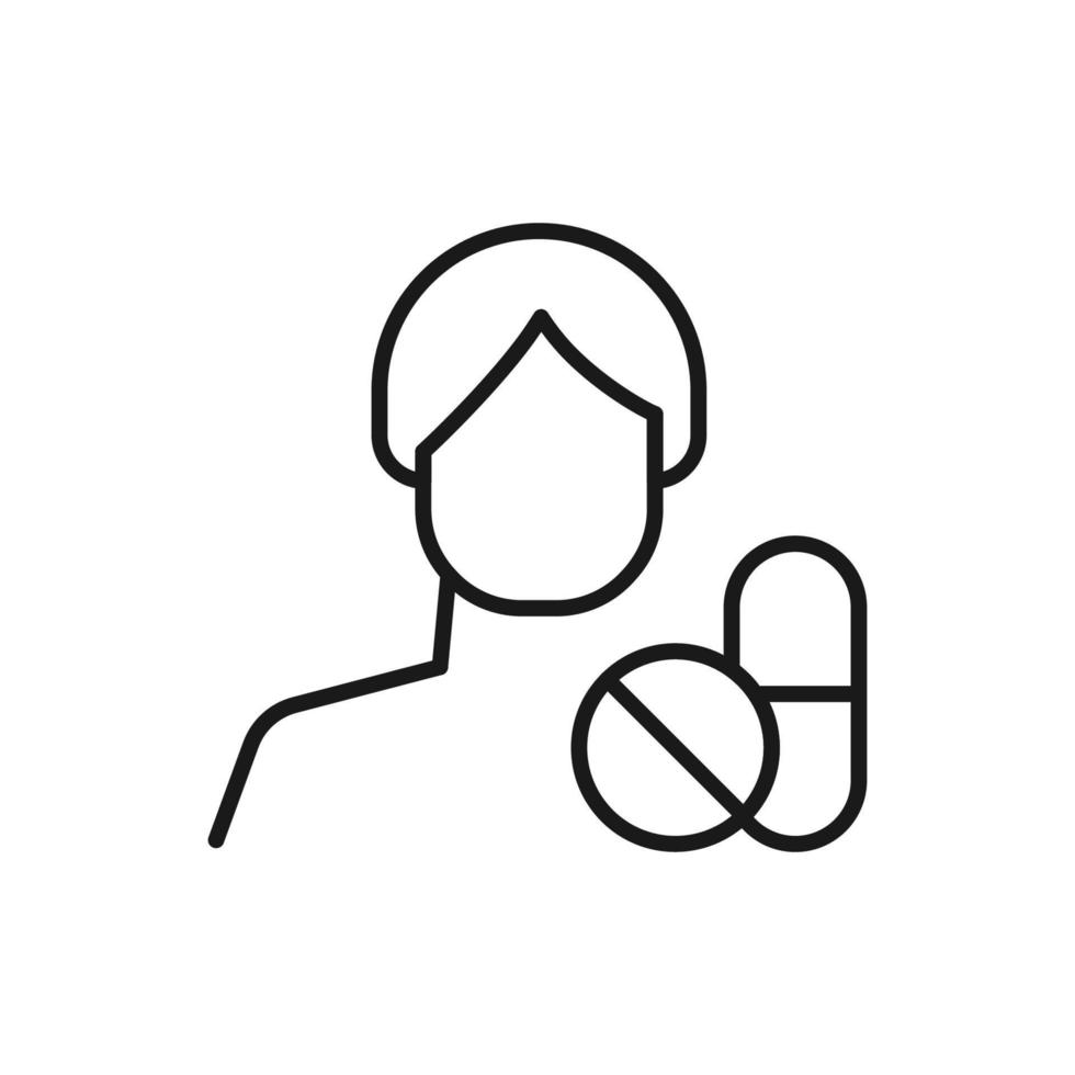 Hobby, business, profession of man. Modern vector outline symbol in flat style with black thin line. Monochrome icon of pills, drug or medications by anonymous male