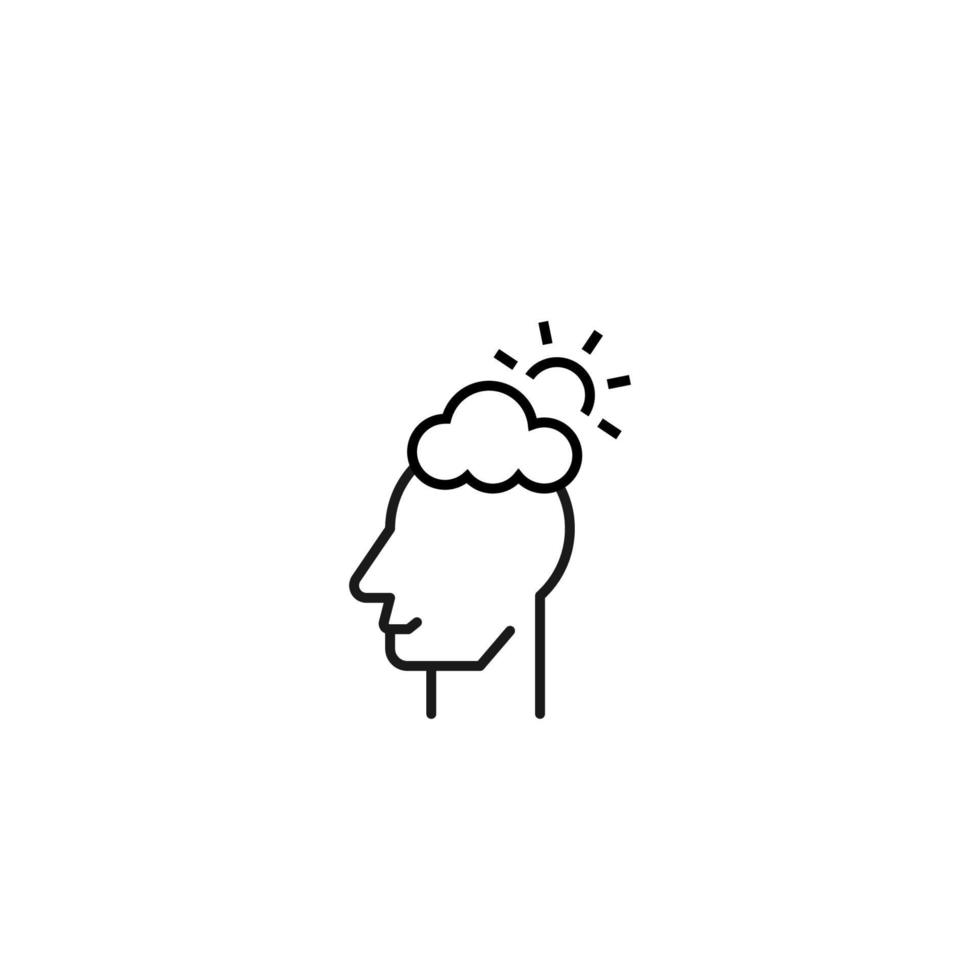 Hobbies, thought and ideas concept. Vector sign drawn in flat style. Editable stroke. Line icon of sun above cloud over head of man