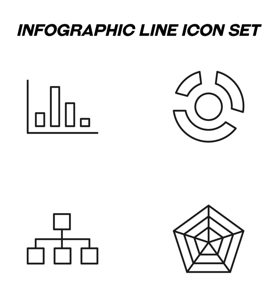 Simple monochrome signs drawn with black thin line. Vector line icon set with symbols of web, mind map or tree, progress bar, pie chart