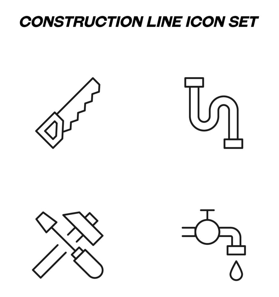 Simple monochrome signs drawn with black thin line. Vector line icon set with symbols of saw, drainpipe of sink, spanner and screwdriver, faucet