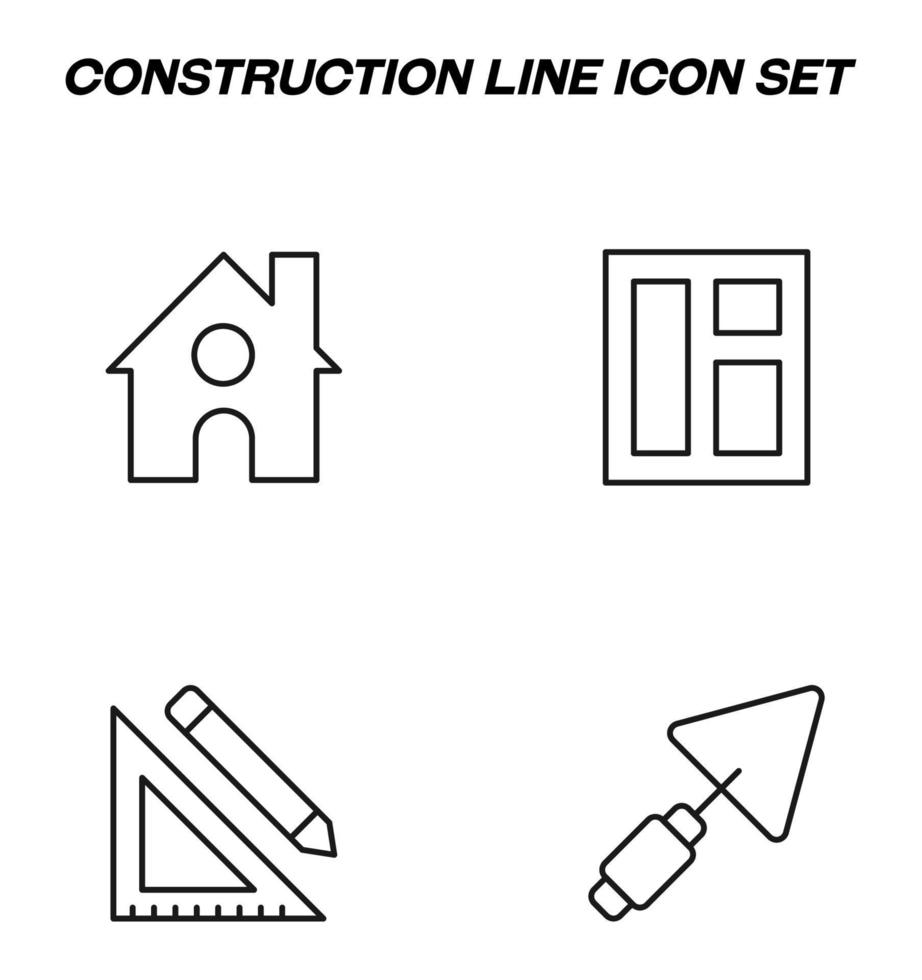 signos monocromáticos simples dibujados con una delgada línea negra. conjunto de iconos de línea vectorial con símbolos de casa, ventana, forro, lápiz, pala para reparación y renovación vector