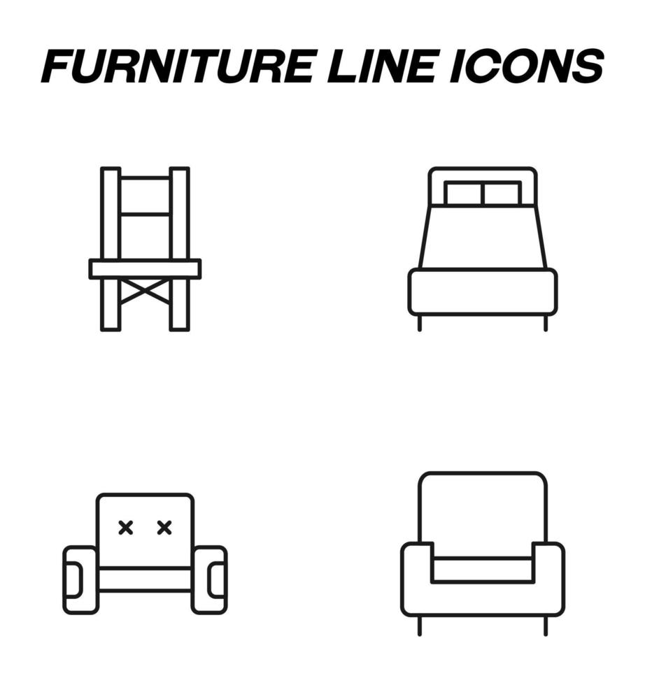 signos monocromáticos simples dibujados con una delgada línea negra. conjunto de iconos de línea vectorial con símbolos de silla, cama, sofá, silla vector