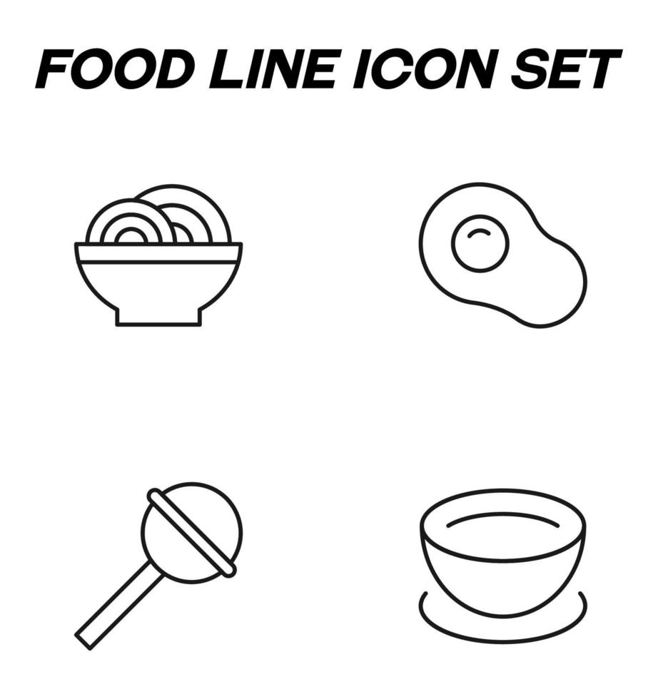 Simple monochrome signs drawn with black thin line. Vector line icon set with symbols of noodles, omelet, lollipop, candy, bowl for soup