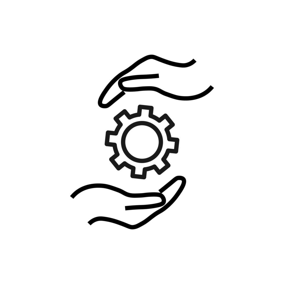 Support and gift signs. Minimalistic isolated vector image for web sites, shops, stores, adverts. Editable stroke. Vector line icon of gear or cogwheel between outstretched hands