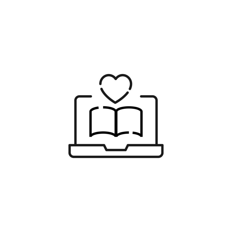 Simple black and white illustration drawn with thin line. Perfect for advertisement, internet shops, stores. Editable stroke. Vector line icon of heart over book on laptop monitor