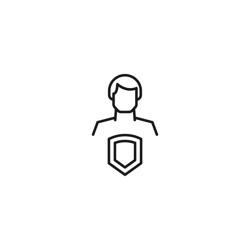 Monochrome sign drawn with black thin line. Modern vector symbol perfect for sites, apps, books, banners etc. Line icon of armor or shield next to faceless man