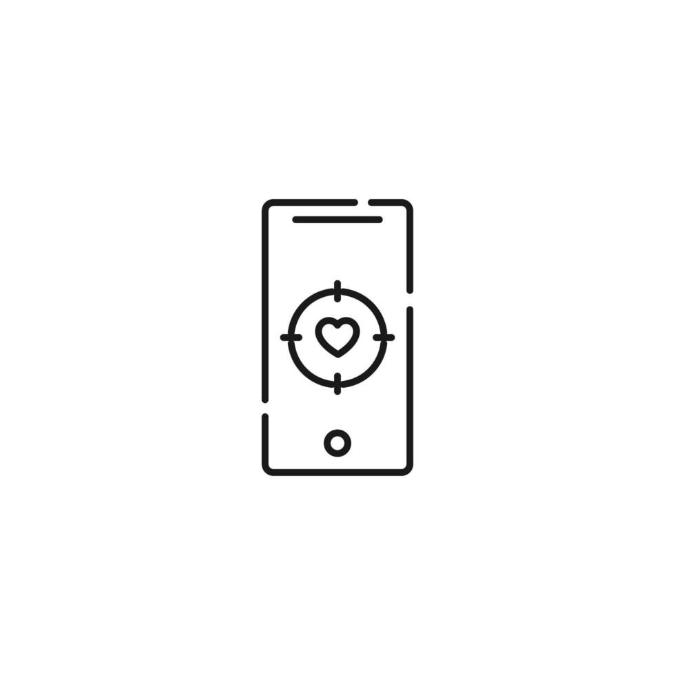 Display of phone. Vector line symbol drawn in modern flat style. Perfect for web site, stores, internet pages. Editable stroke. Line icon of heart inside of target on display of phone