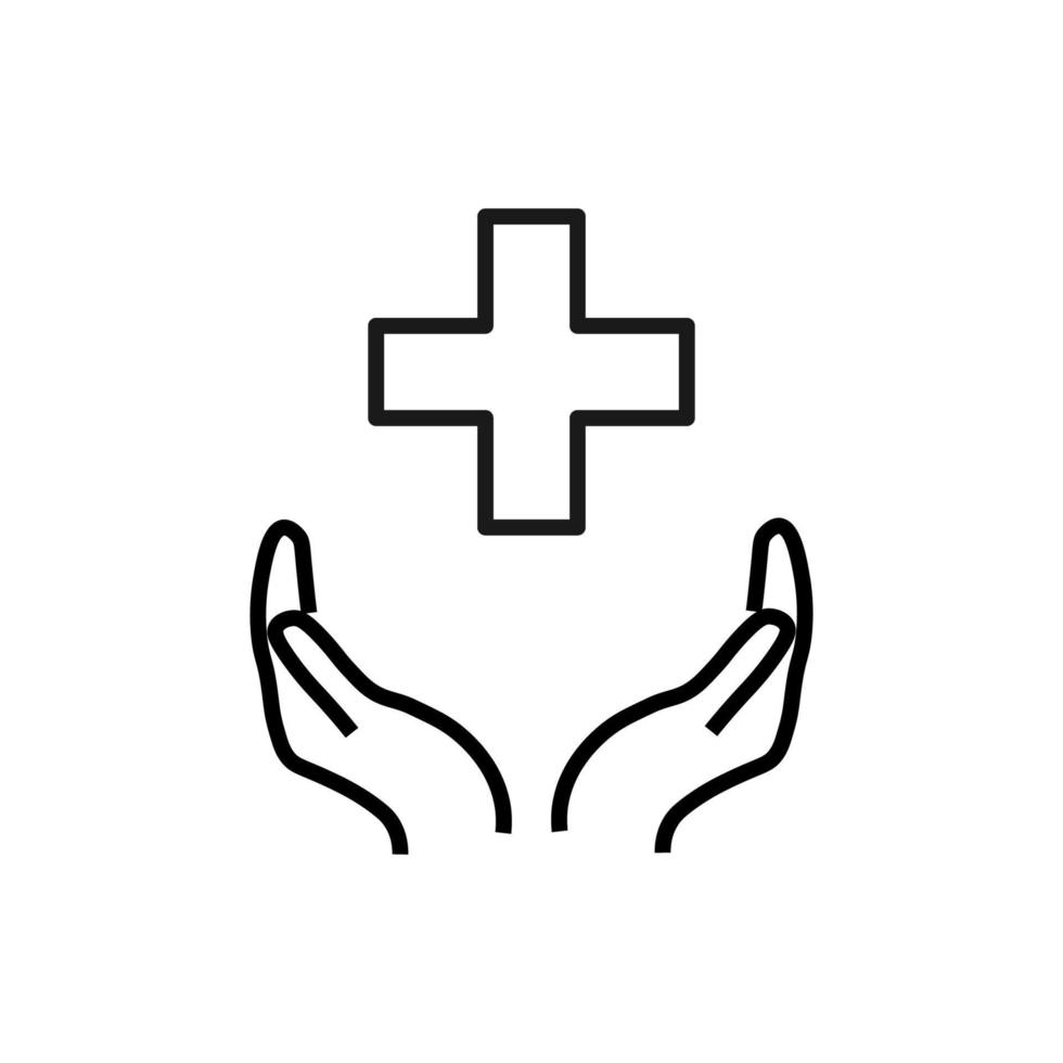 Support, present and charity concept. Modern vector sign drawn with black thin line. Editable stroke. Vector line icon of medical cross over outstretched hands