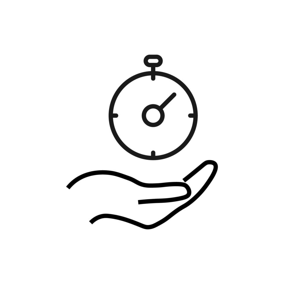 Gift, charity, support symbol. Vector sign drawn with black line. Monochrome image for adverts, banners, stores etc. Line icon of timer over outstretched hand