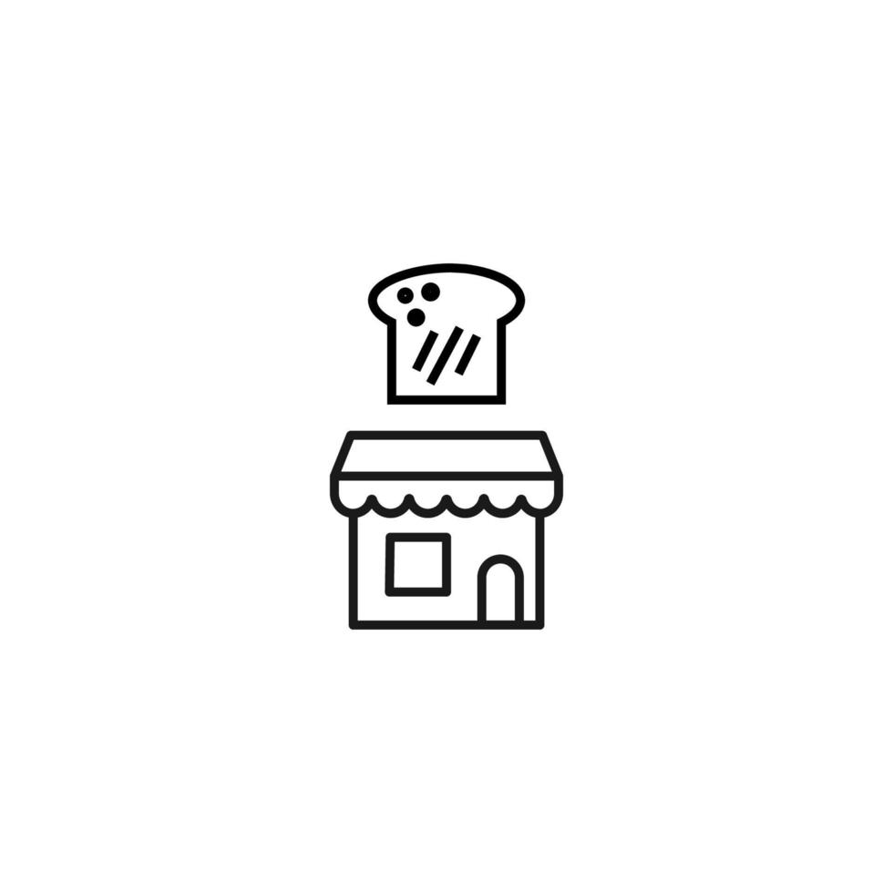 Store and shop concept. Outline sign suitable for web sites, stores, shops, internet, advertisement. Editable stroke drawn with thin line. Icon of slice of bread over store vector