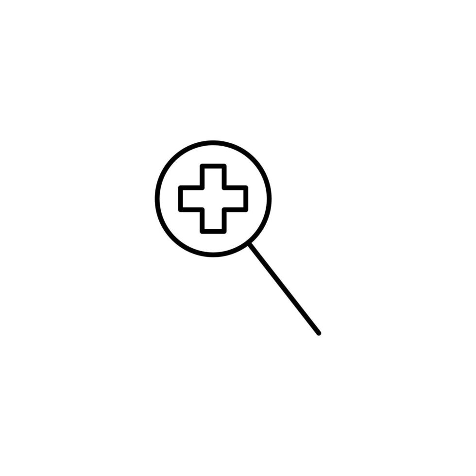 Outline symbols in flat style. Modern signs drawn with thin line. Editable strokes. Suitable for advertisements, books, internet stores. Line icon of medical cross under magnifying glass vector