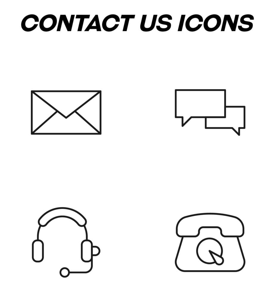 Simple monochrome signs drawn with black thin line. Vector line icon set with symbols of envelop, speech bubble, vintage cellphone, headphones for call center