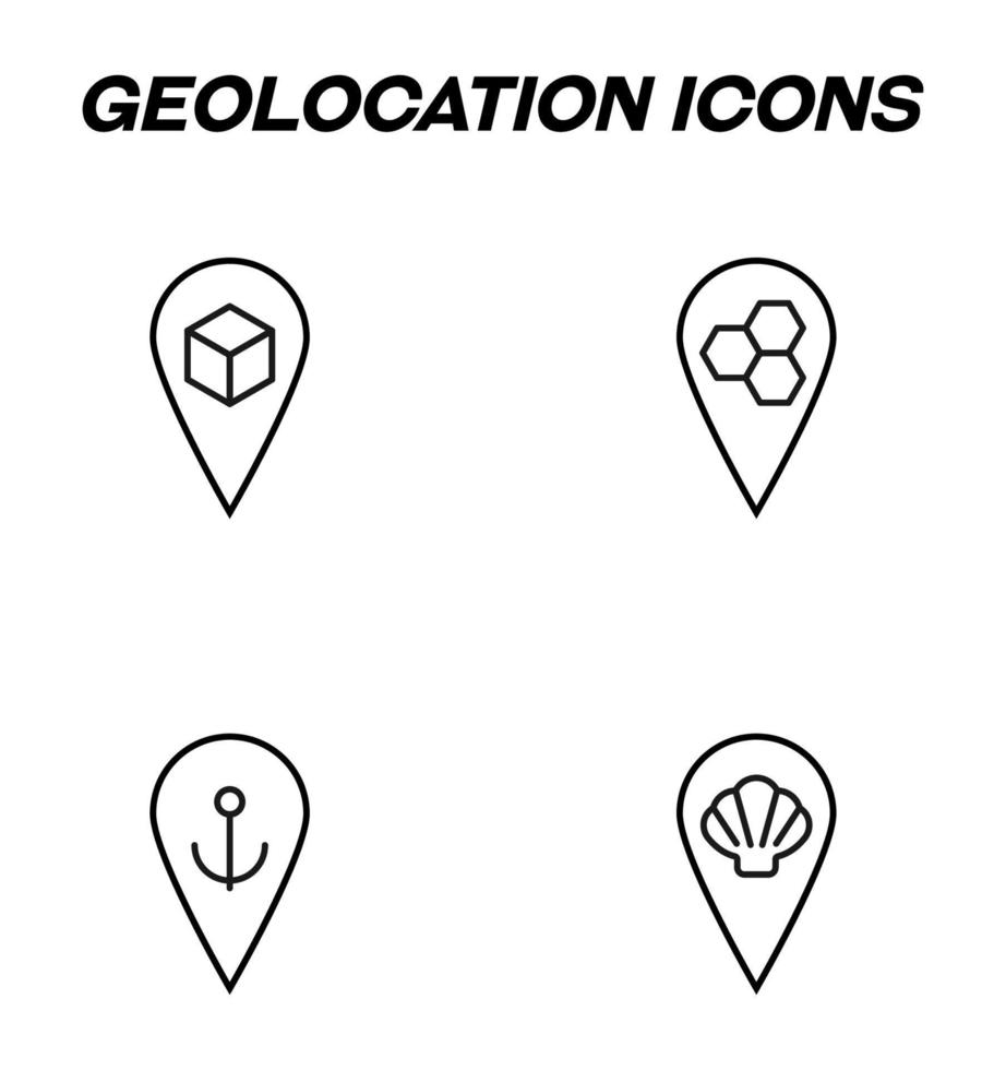 Simple monochrome signs drawn with black thin line. Vector line icon set with symbols of cube, honeycomb, anchor, seashell inside of geotag