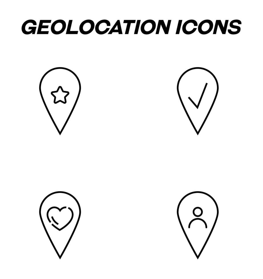 signos monocromáticos simples dibujados con una delgada línea negra. conjunto de iconos de línea vectorial con símbolos de estrella, marca de verificación, corazón, usuario dentro de la etiqueta geográfica vector