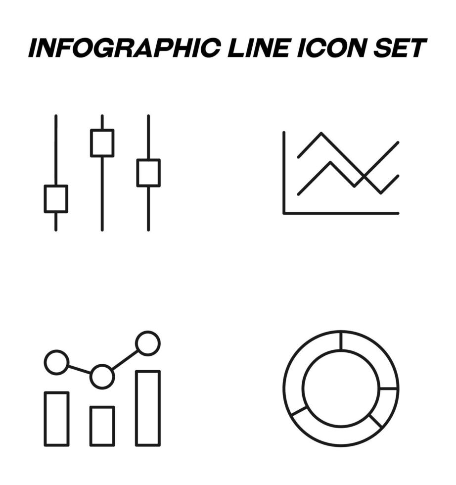 Simple monochrome signs drawn with black thin line. Vector line icon set with symbols of sound bar, progress diagram, development, data, pie chart