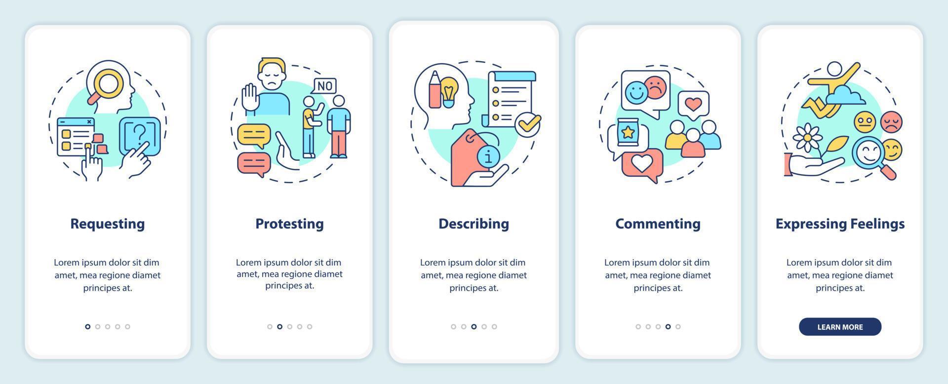 Communication functions onboarding mobile app screen. Request, protest walkthrough 5 steps graphic instructions pages with linear concepts. UI, UX, GUI template. vector