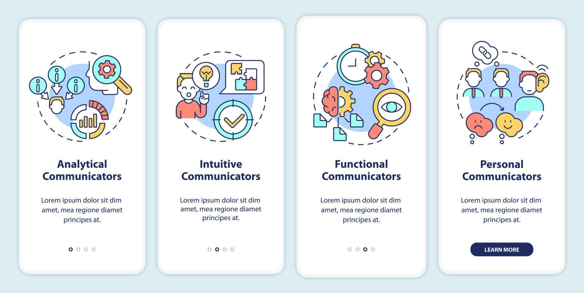 estilos de comunicación empresarial incorporando la pantalla de la aplicación móvil. tutorial de comunicadores páginas de instrucciones gráficas de 4 pasos con conceptos lineales. interfaz de usuario, ux, plantilla de interfaz gráfica de usuario. vector