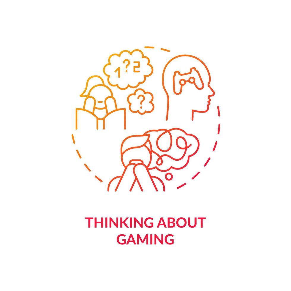 Thinking about gaming red gradient concept icon. Obsessive thoughts. Sign of game addiction abstract idea thin line illustration. Isolated outline drawing. vector