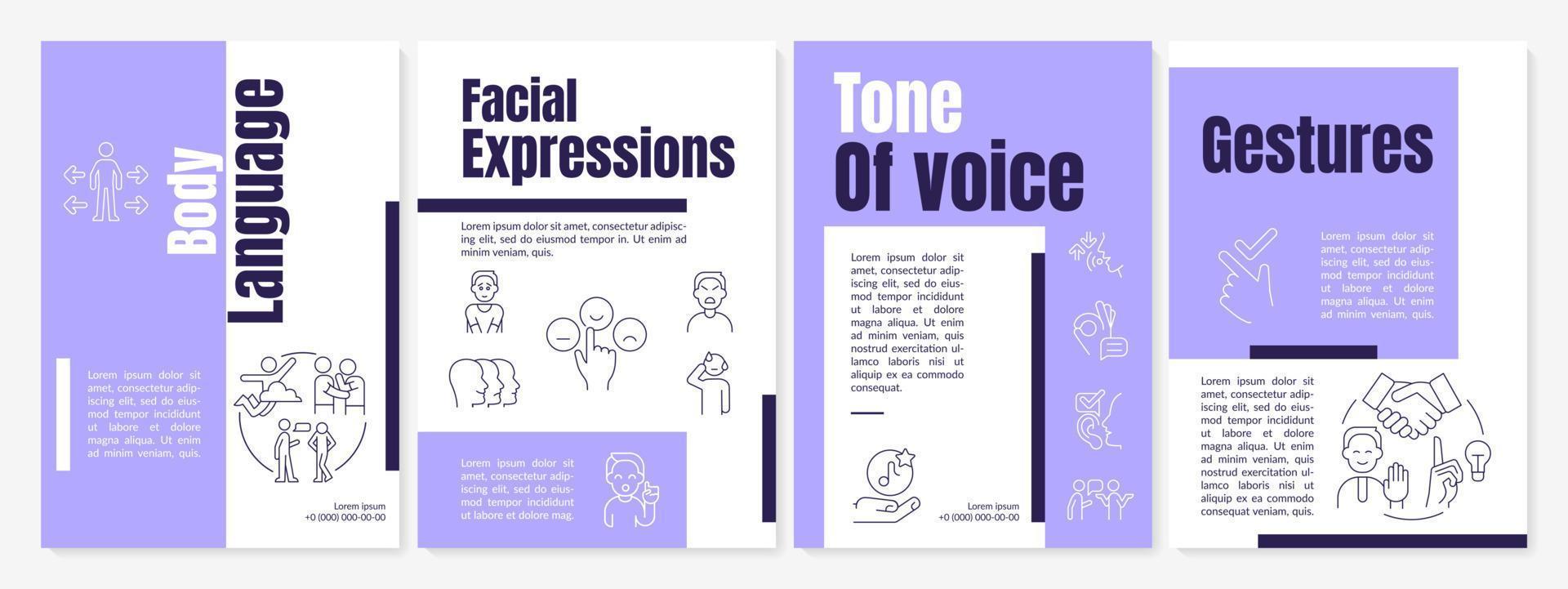 Nonverbal communication types purple brochure template. Body language. Gestures. Leaflet design with linear icons. 4 vector layouts for presentation, annual reports.