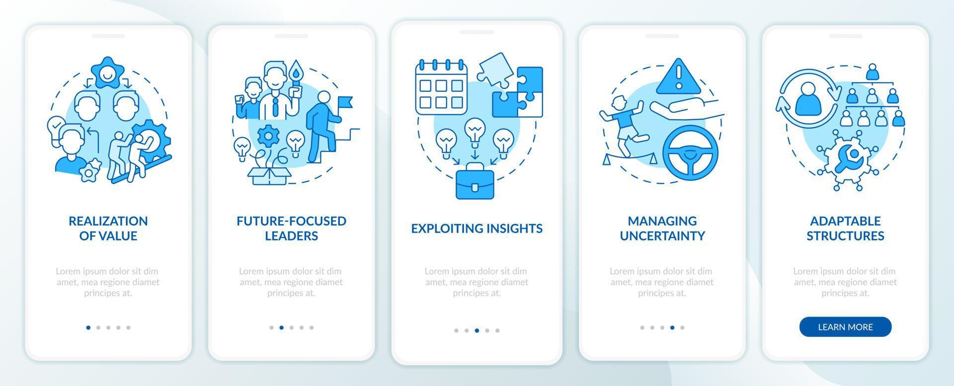 Principles for managing innovation blue onboarding mobile app screen. Walkthrough 5 steps graphic instructions pages with linear concepts. UI, UX, GUI template. vector