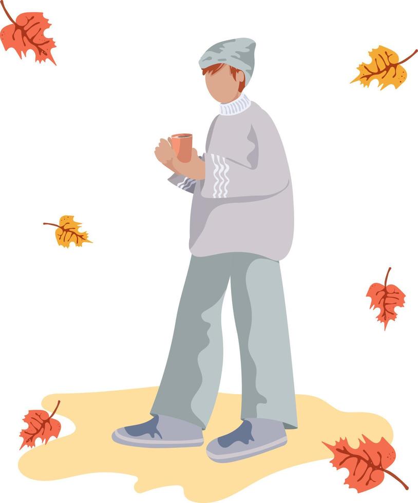 un hombre camina en el parque con un vaso de café en la mano con ropa abrigada, las hojas caen, una acogedora temporada de otoño. vector