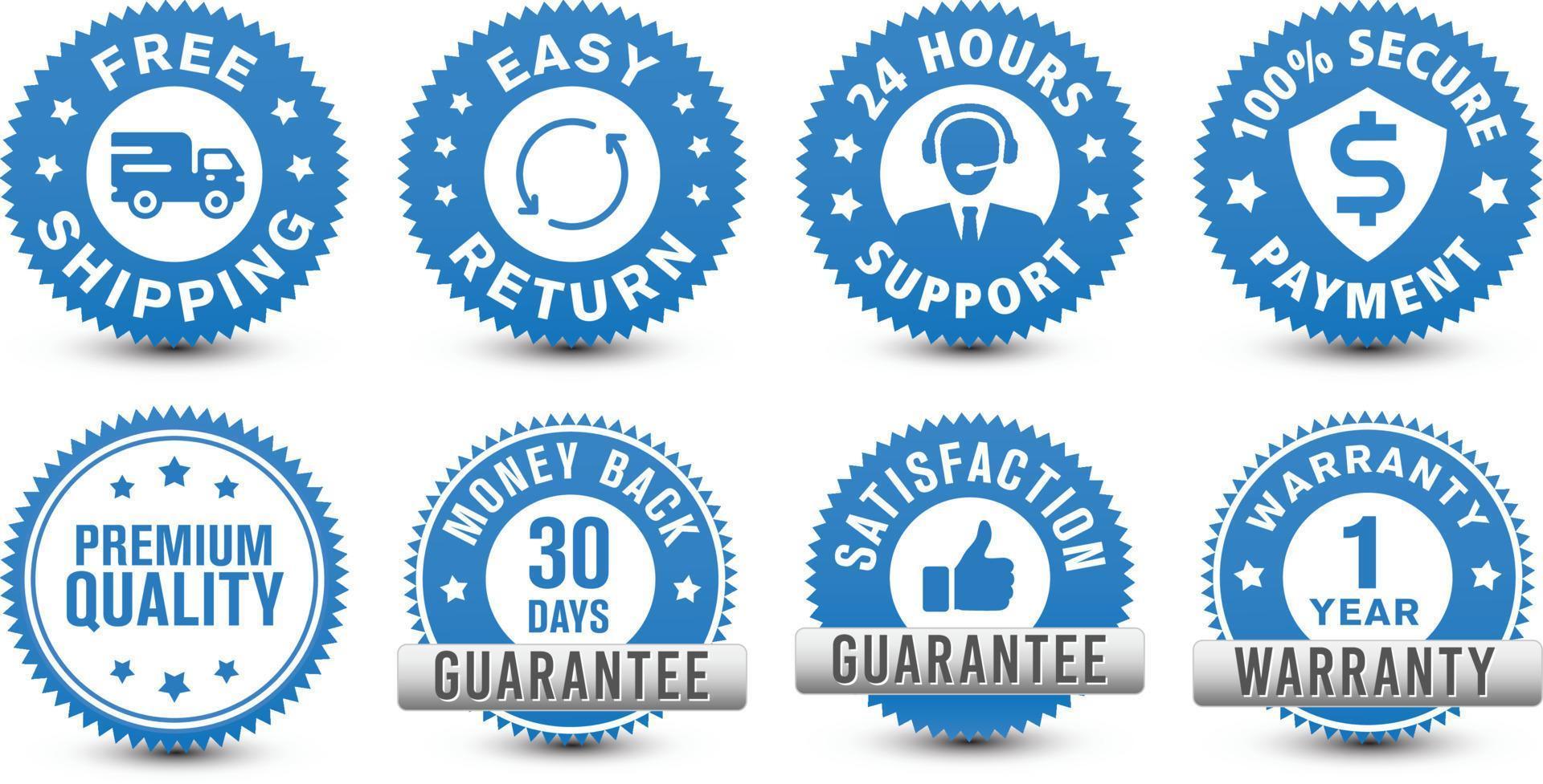 Money back, warranty, 24 hour support, etc. different type of online ecommerce security blue badges isolated on white background. vector
