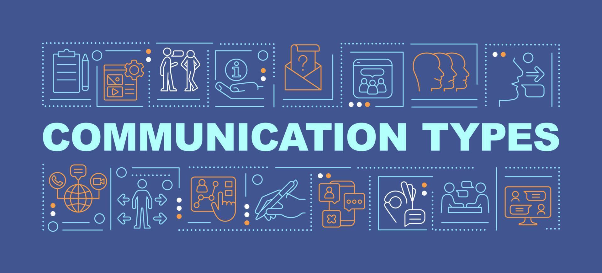 Ways to communicate with people word concepts dark blue banner. Sharing ideas. Infographics with icons on color background. Isolated typography. Vector illustration with text.