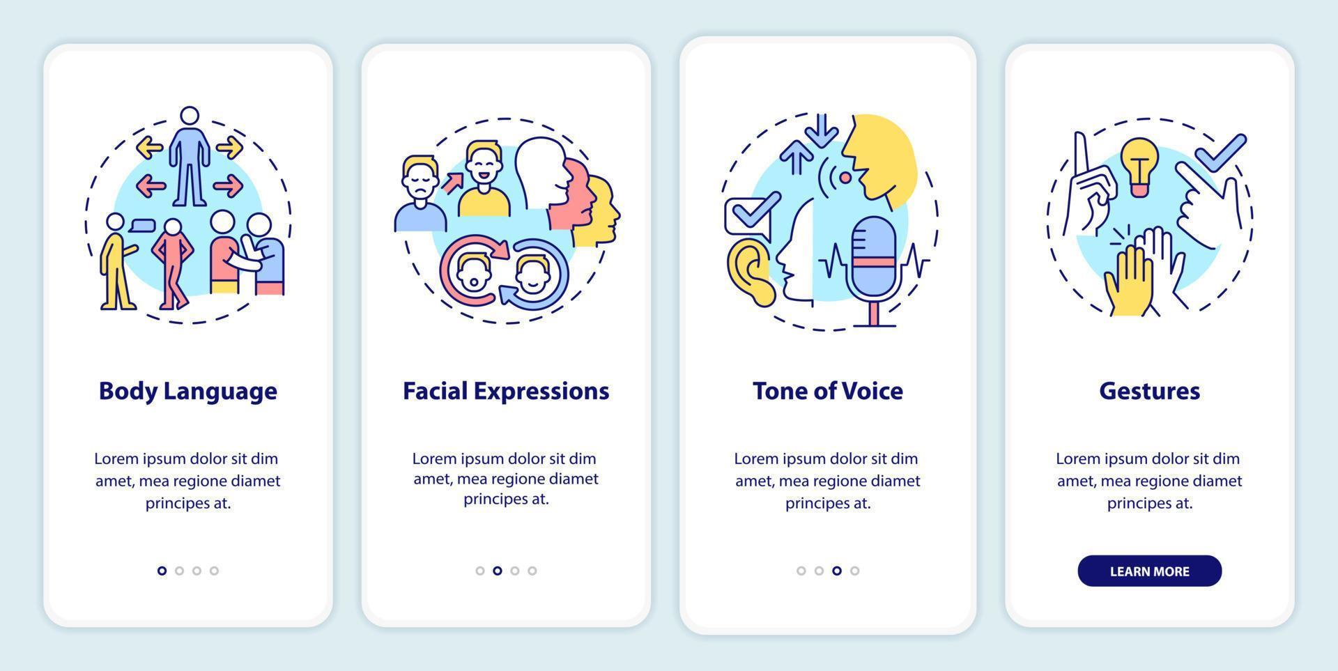Non-verbal communication types onboarding mobile app screen. Gestures walkthrough 4 steps graphic instructions pages with linear concepts. UI, UX, GUI template. vector