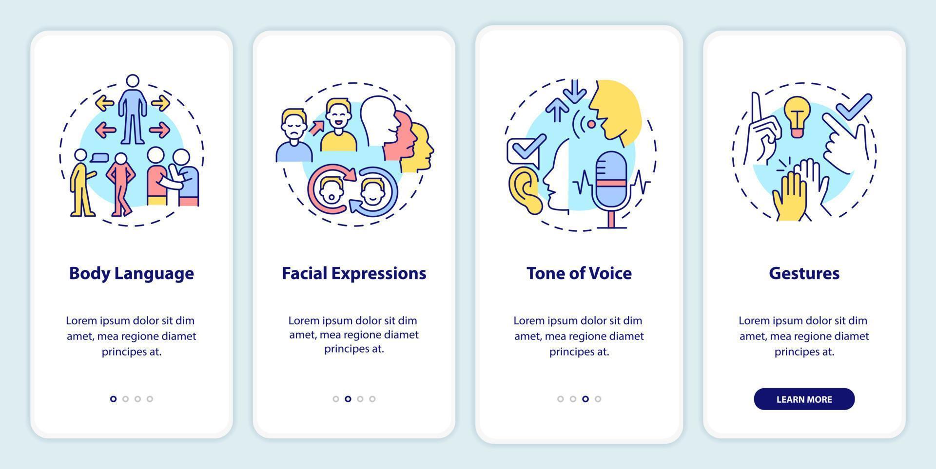 tipos de comunicación no verbal que incorporan la pantalla de la aplicación móvil. tutorial de gestos páginas de instrucciones gráficas de 4 pasos con conceptos lineales. interfaz de usuario, ux, plantilla de interfaz gráfica de usuario. vector