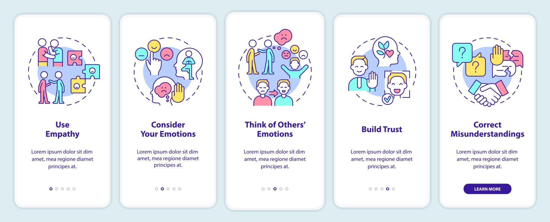Developing emotional awareness onboarding mobile app screen. Use empathy walkthrough 5 steps graphic instructions pages with linear concepts. UI, UX, GUI template. vector