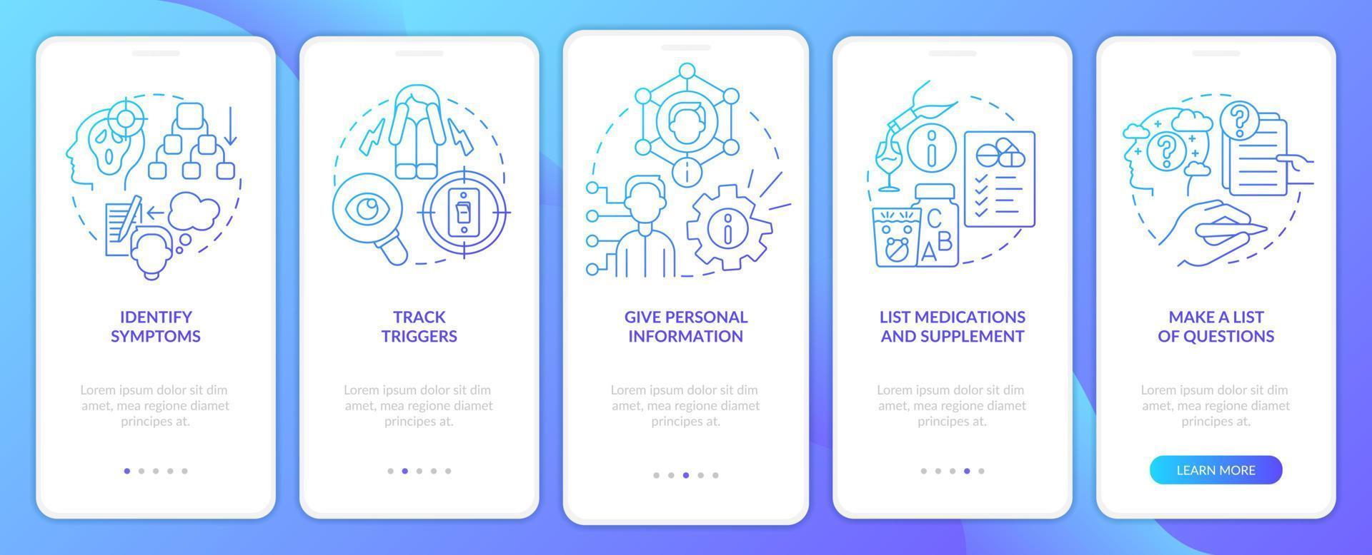 Before therapist appointment blue gradient onboarding mobile app screen. Walkthrough 5 steps graphic instructions pages with linear concepts. UI, UX, GUI template. vector