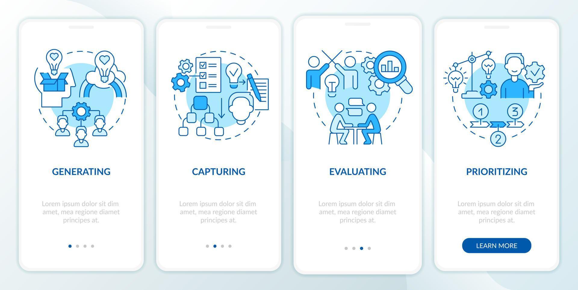 Innovation management process blue onboarding mobile app screen. Walkthrough 4 steps graphic instructions pages with linear concepts. UI, UX, GUI template. vector