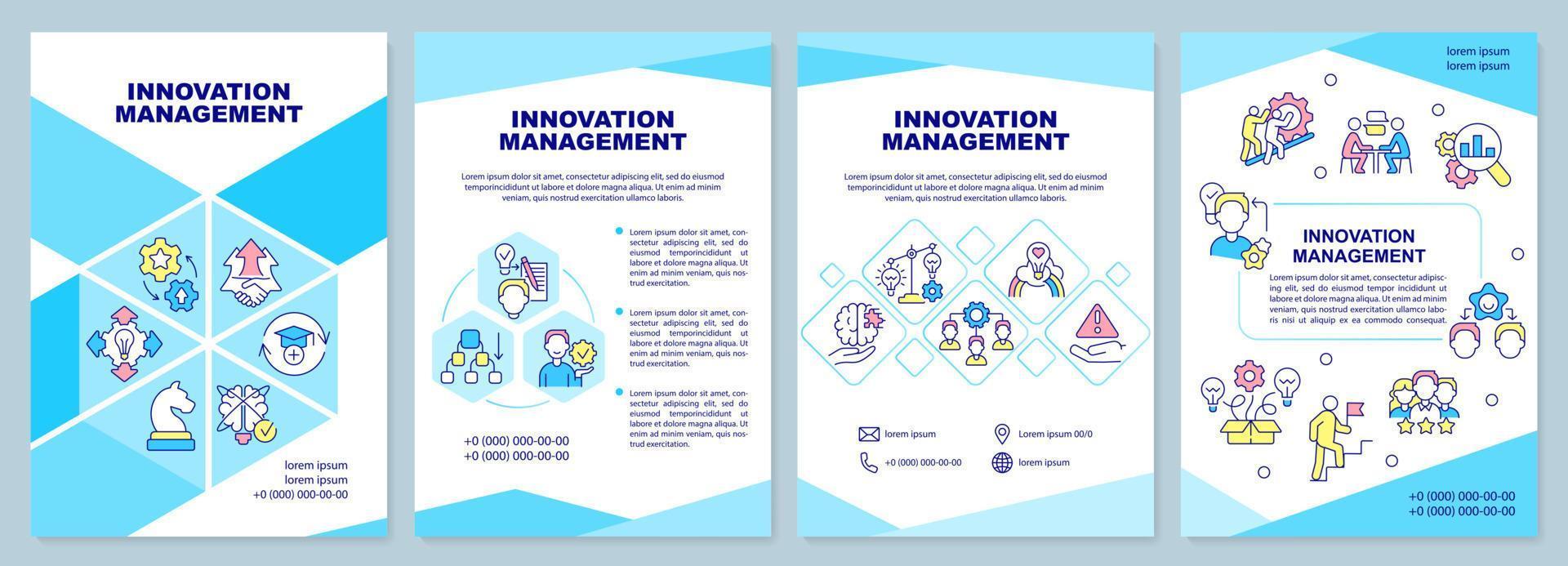 Innovation management turquoise brochure template. Generating solutions. Leaflet design with linear icons. 4 vector layouts for presentation, annual reports.