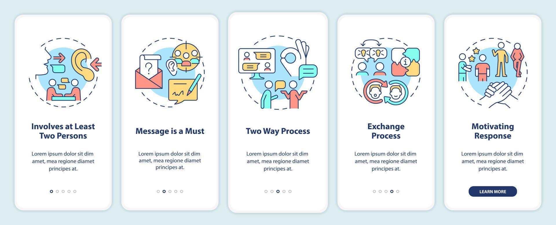 Features of communication onboarding mobile app screen. Message is must walkthrough 5 steps graphic instructions pages with linear concepts. UI, UX, GUI template. vector