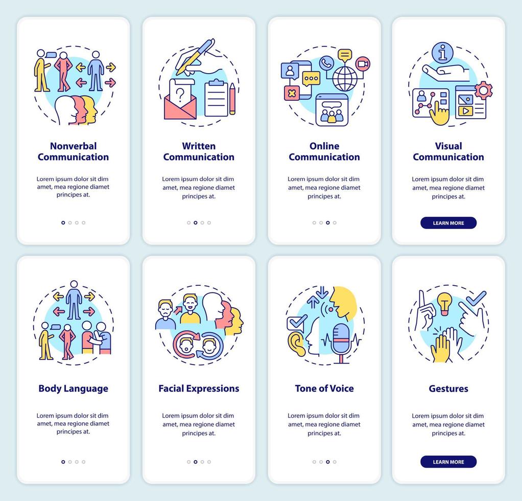 conjunto de pantalla de aplicación móvil de incorporación de comunicación verbal y no verbal. tutorial 4 pasos páginas de instrucciones gráficas con conceptos lineales. interfaz de usuario, ux, plantilla de interfaz gráfica de usuario. vector