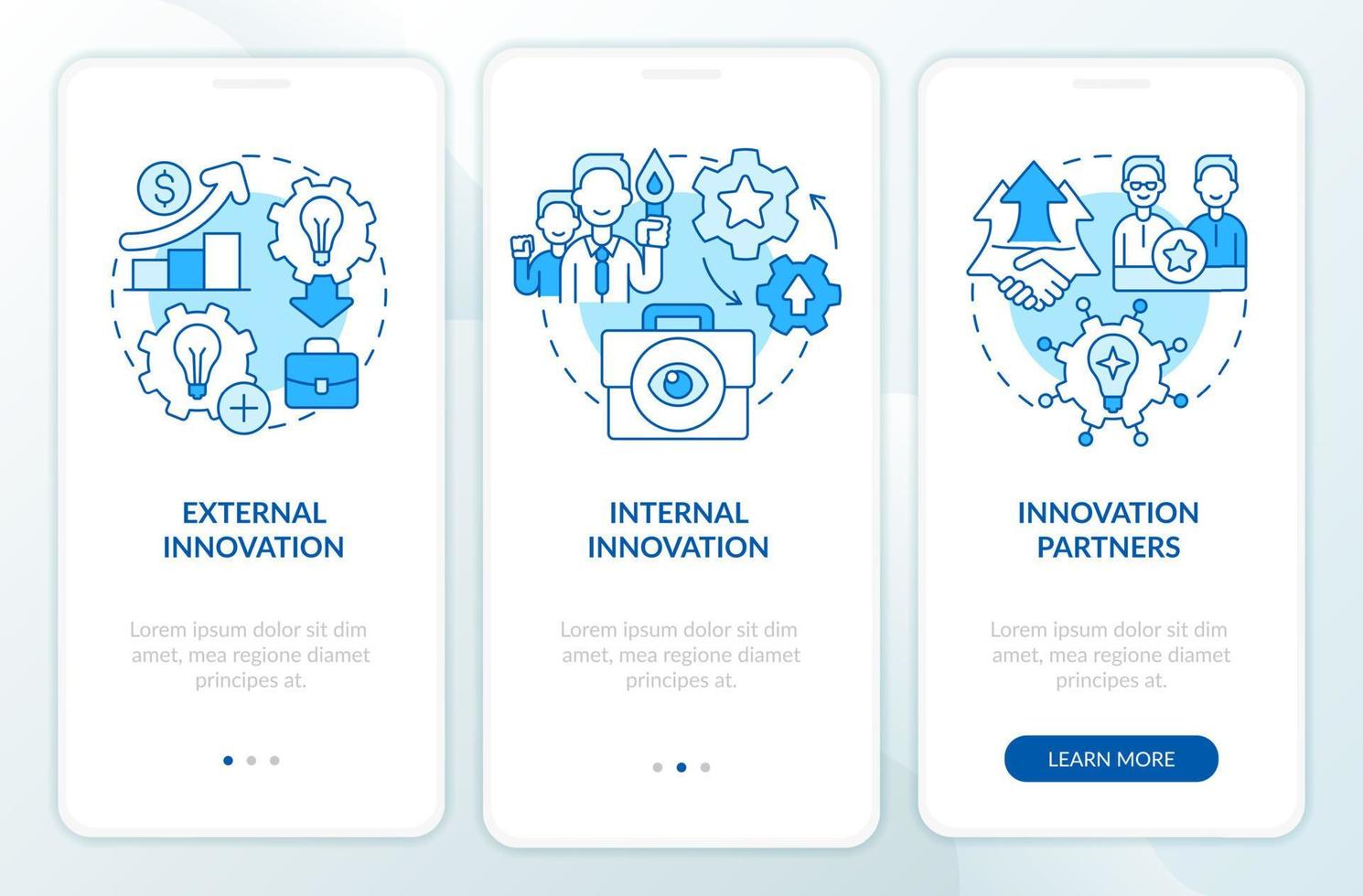 Sources for idea generation blue onboarding mobile app screen. Walkthrough 3 steps graphic instructions pages with linear concepts. UI, UX, GUI template. vector