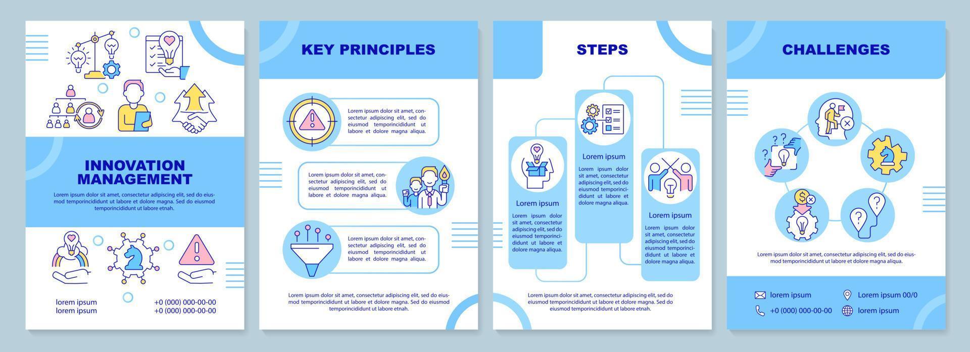 Innovation management process blue brochure template. Key principles. Leaflet design with linear icons. 4 vector layouts for presentation, annual reports.