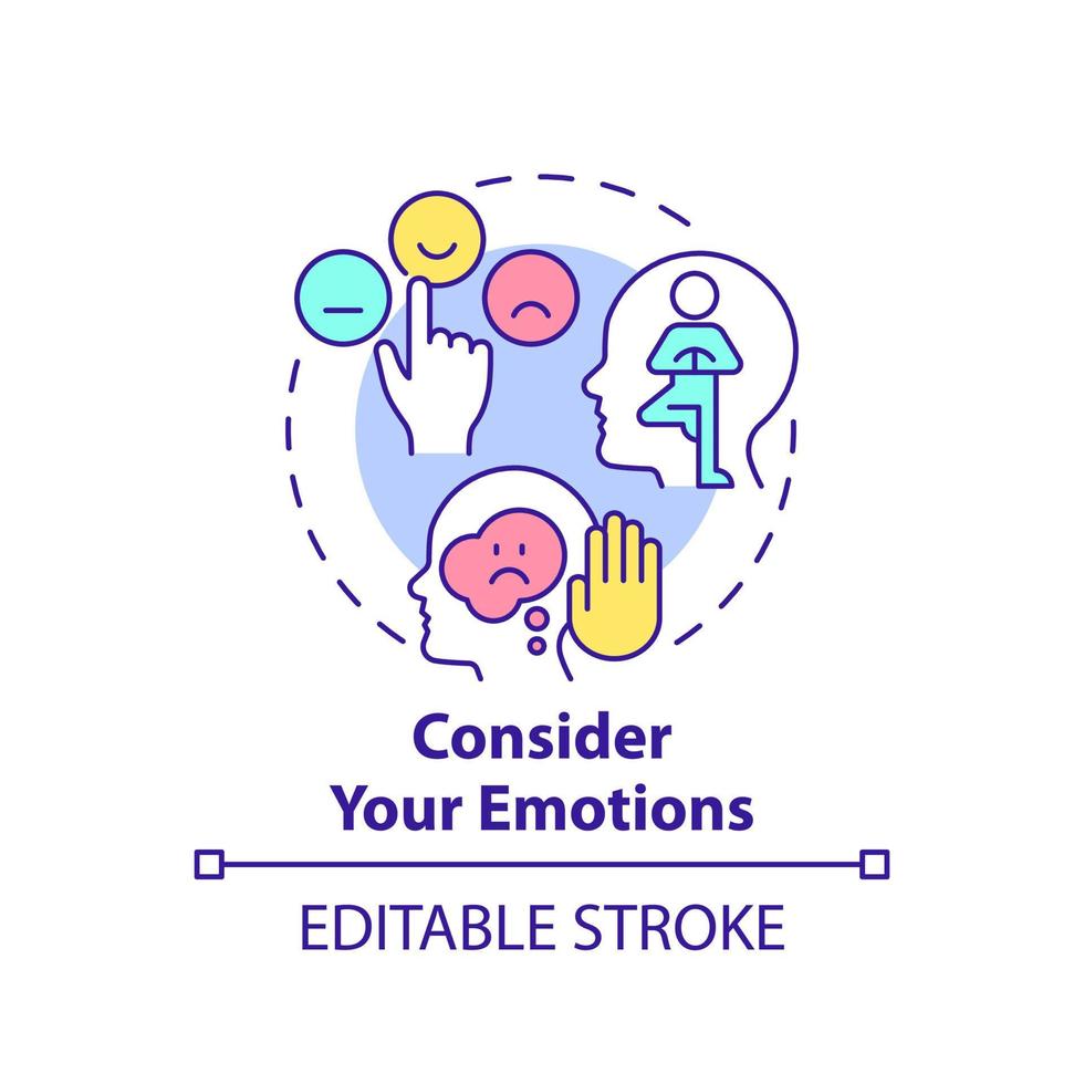 Consider your emotions concept icon. Increasing emotional intelligence abstract idea thin line illustration. Acceptance. Isolated outline drawing. Editable stroke. vector