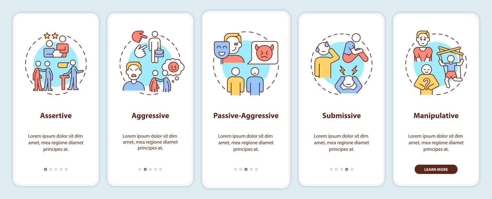 Communication styles onboarding mobile app screen. Assertive, aggressive walkthrough 5 steps graphic instructions pages with linear concepts. UI, UX, GUI template. vector