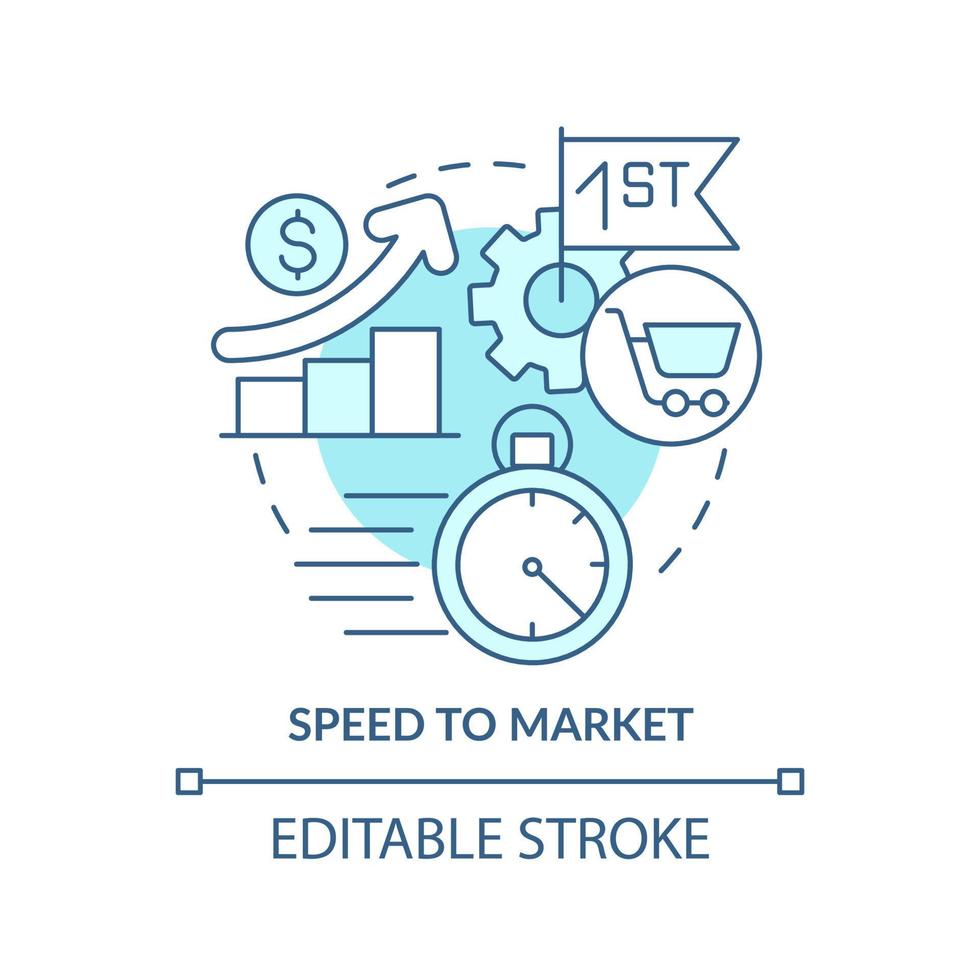 Speed to market turquoise concept icon. Innovative culture abstract idea thin line illustration. New product launch. Isolated outline drawing. Editable stroke. vector