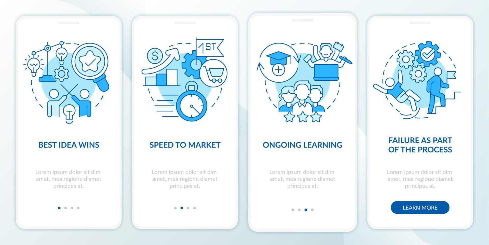 Innovative culture characteristics blue onboarding mobile app screen. Walkthrough 4 steps graphic instructions pages with linear concepts. UI, UX, GUI template. vector