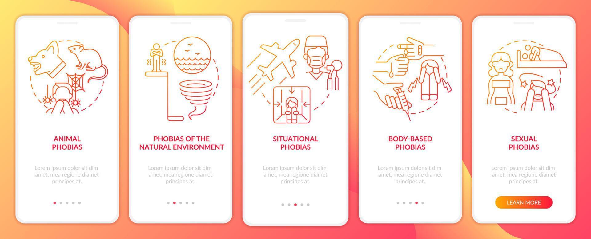 Specific phobias red gradient onboarding mobile app screen. Anxiety walkthrough 5 steps graphic instructions pages with linear concepts. UI, UX, GUI template. vector