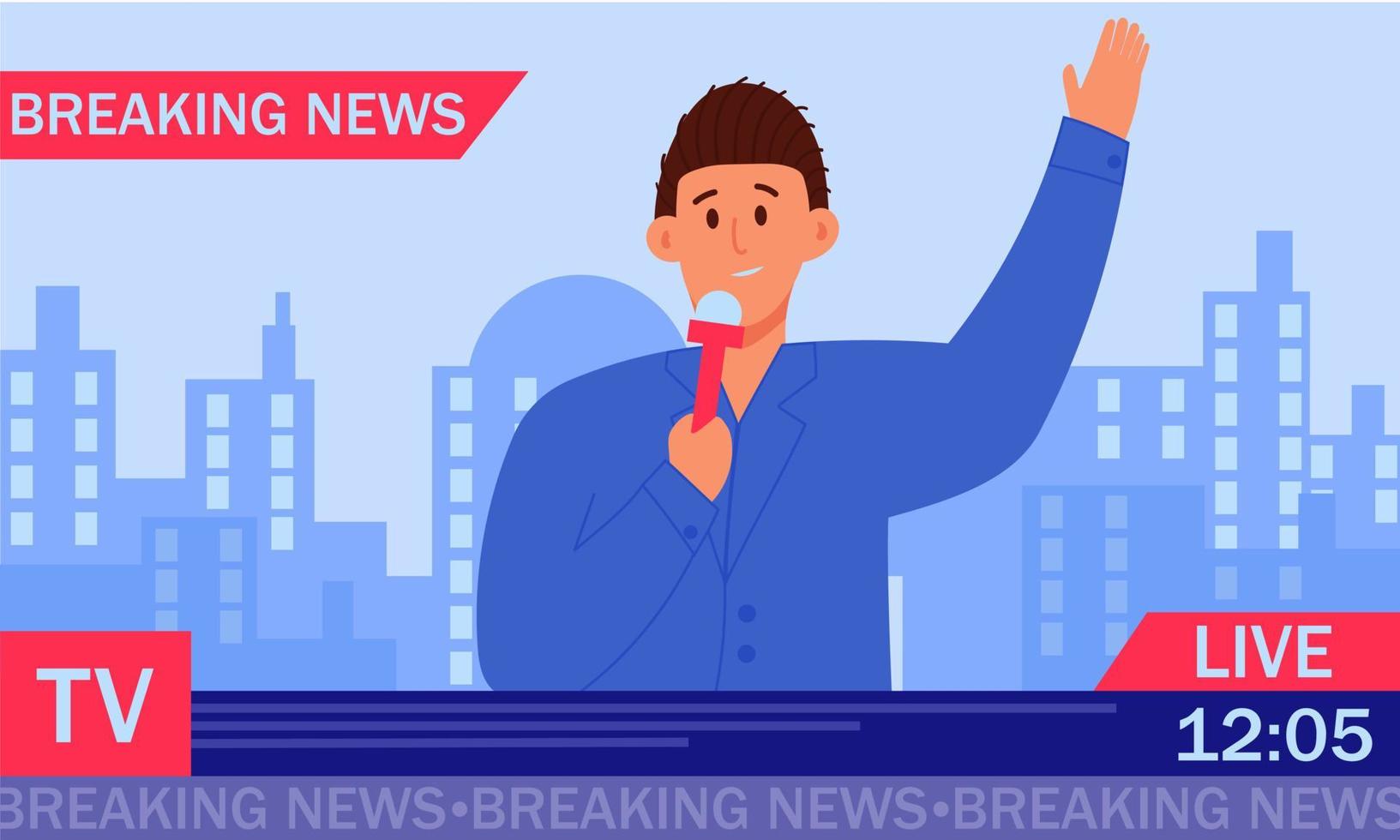 Breaking news TV presenter. Journalist with a microphone conducts a live broadcast and a man press announcer tells the news. Reporter interviews and makes a reportage vector illustration concept.