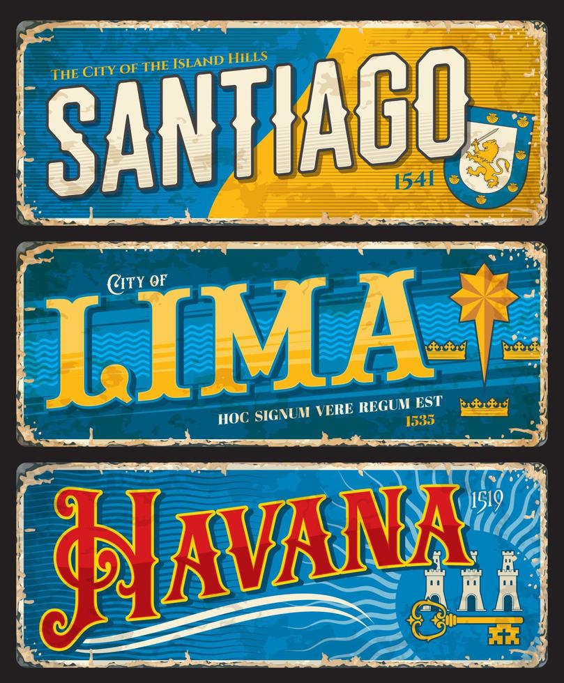 Santiago, Lima, Havana city travel sticker plates vector